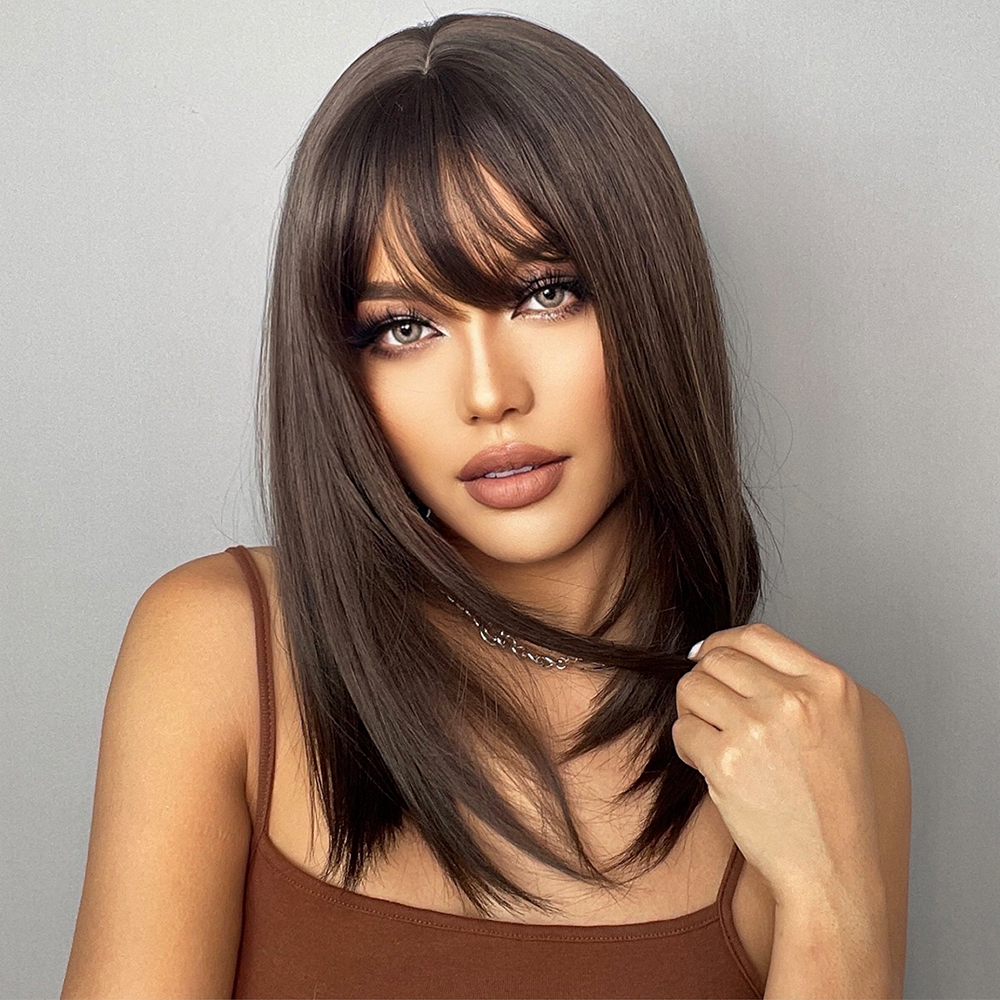 Gemma marrom escuro bobo peruca sintética com franja comprimento do ombro peruca reta para mulheres cosplay peruca de cabelo diário resistente ao calor fibr