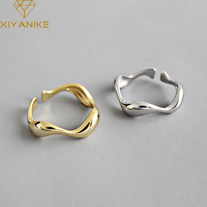 XIYANIKE เงินสี Creative Handmade แหวนคลื่นไม่สม่ําเสมอ Smooth หมั้นเครื่องประดับสําหรับผู้หญิงขนาด 16.5 มม.ปรับได้