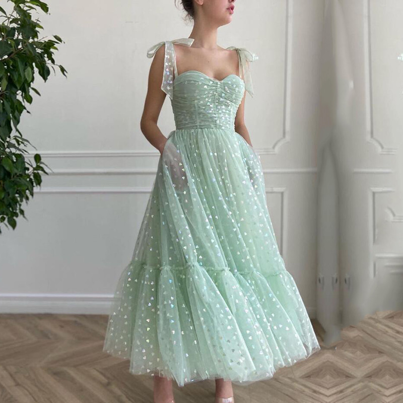 Glänzende Fee Minze grün Tüll Ballkleid für Frauen Schatz Hals Tee Länge Spaghetti träger Hochzeits feier Abschluss kleid