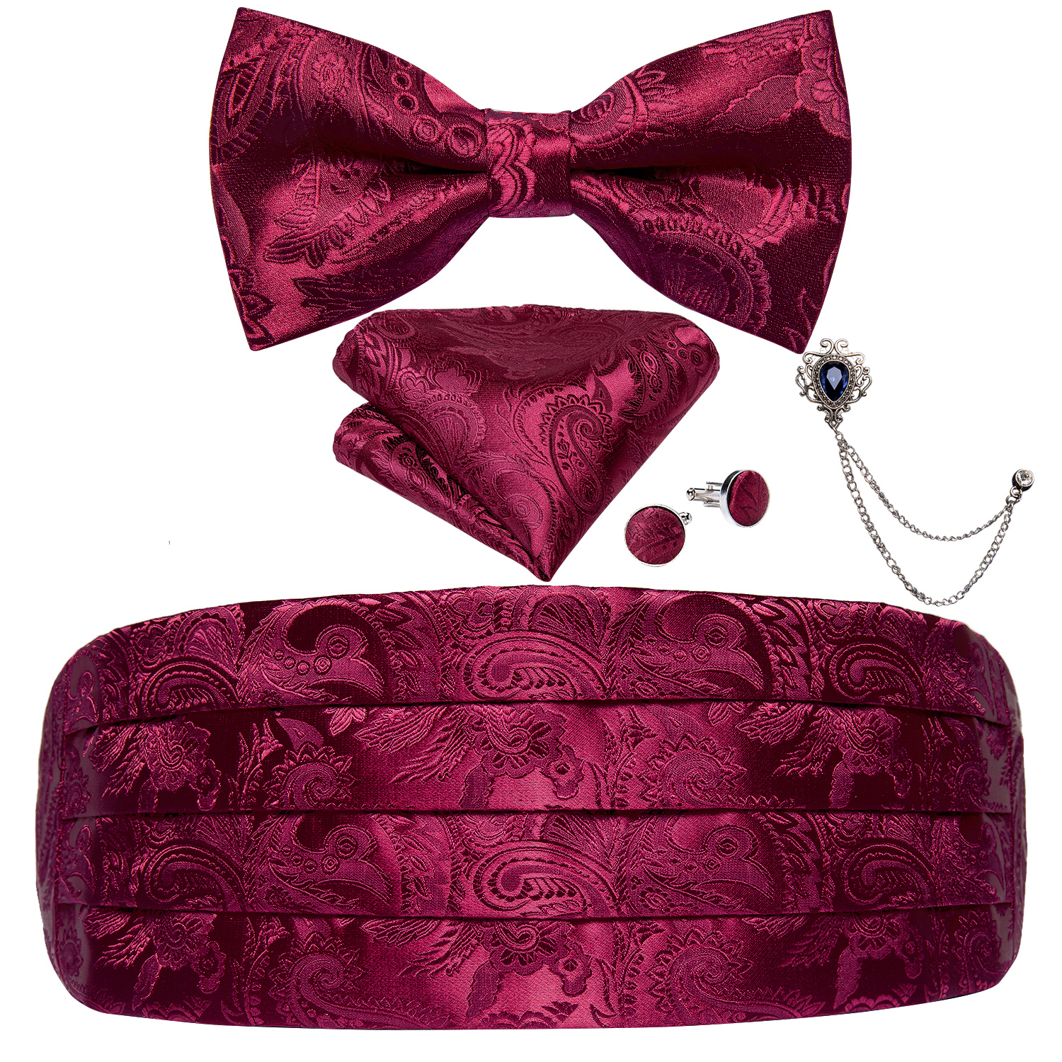Nam Cummerbunds Lụa Họa Tiết Paisley Màu Đỏ Tuxedo Cummerbunds Thắt Nơ Túi Vuông Trâm Cài Áo Nam Tiệc Cưới Lưng DiBanGu