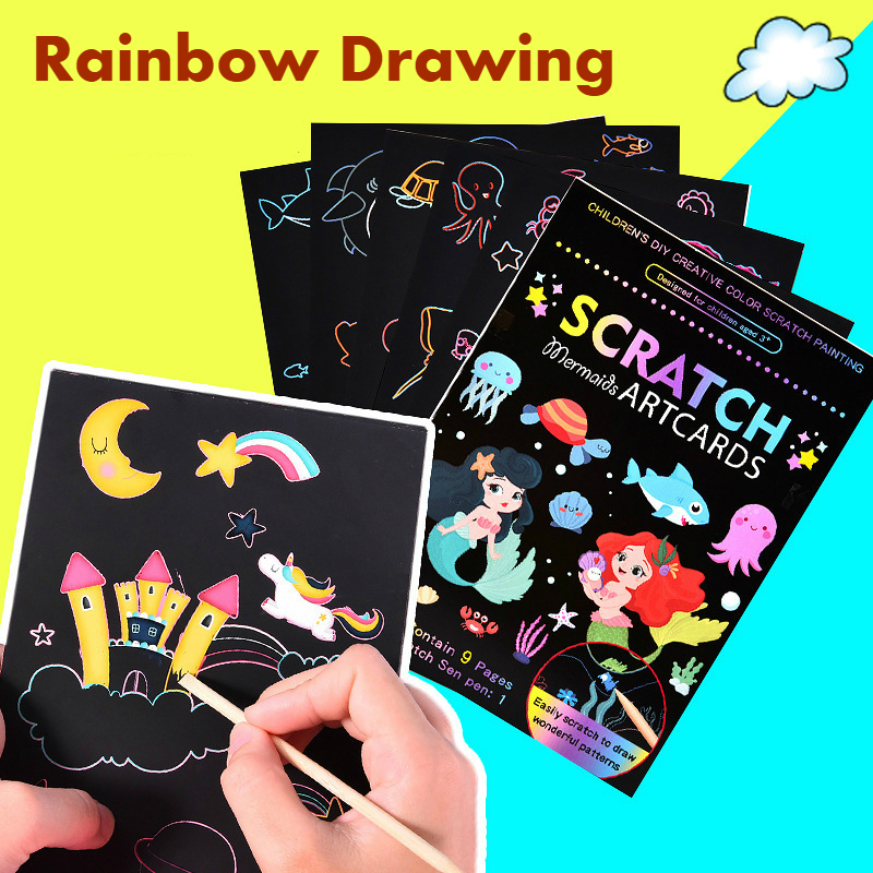 9 pçs magia arco-íris cor zero arte pintura kit de cartão de papel dos desenhos animados dinossauro unicórnio prancheta crianças diy brinquedos educativos