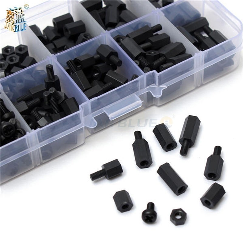 200 Pçs/set M2 M2.5 M3 M4 Preto/Branco Hex Nylon Standoff Spacer Coluna Cabeça Plana Nylon Plástico Espaçamento Parafusos Porcas