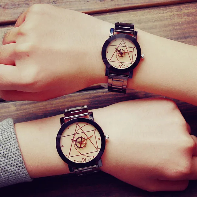 Nuevos relojes de pareja para hombre, reloj de segunda mano con puntero triangular y brújula, relojes de acero inoxidable para mujer, reloj femenino