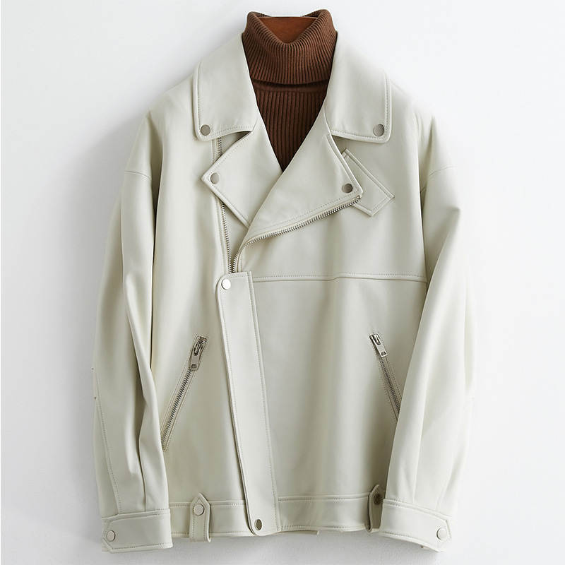 Nerazzurri-女性用長袖合成皮革ジャケット,ルーズフィット,ジッパー付き,白,黒,春