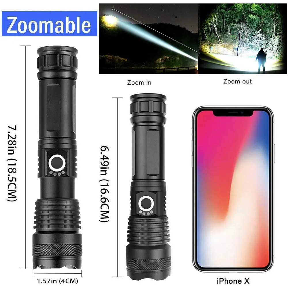 KENSUN-linterna Led recargable XHP70 de alta potencia, linterna de mano con Zoom Usb de 4 núcleos para acampar, uso en exteriores y de emergencia ﻿