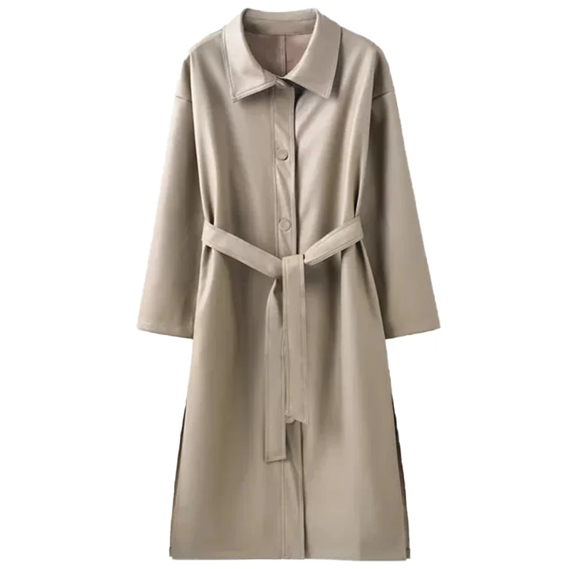 Lautaro-女性用ベルト付きロングブラックレザーPuコート,シンプルなボタンダウン,韓国のファッション,卸売り,服2022