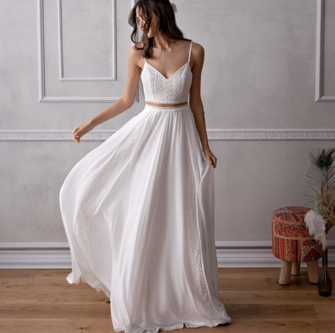 ที่กําหนดเองง่าย Boho ชุดแต่งงาน 2 ชิ้น A-Line สปาเก็ตตี้สายรัด Backless Elegant ชุดเจ้าสาว Vestidos 2025