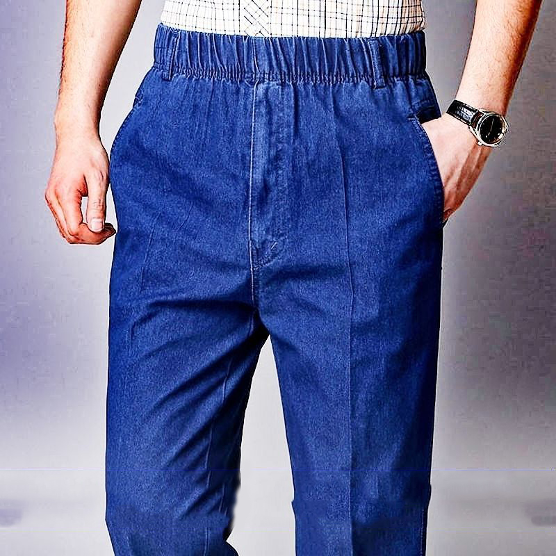 Ropa de trabajo al aire libre duradera, pantalones vaqueros rectos para hombre, cintura elástica, pantalones vaqueros de algodón gruesos de pierna ancha informales, pantalones clásicos sueltos para papá