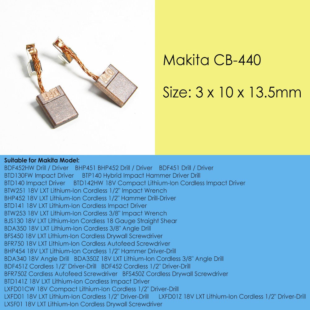 Makita 194427-5 Escobillas de Carbón CB440, 3 x 10 x 13,5 mm, Juego de 2 piezas