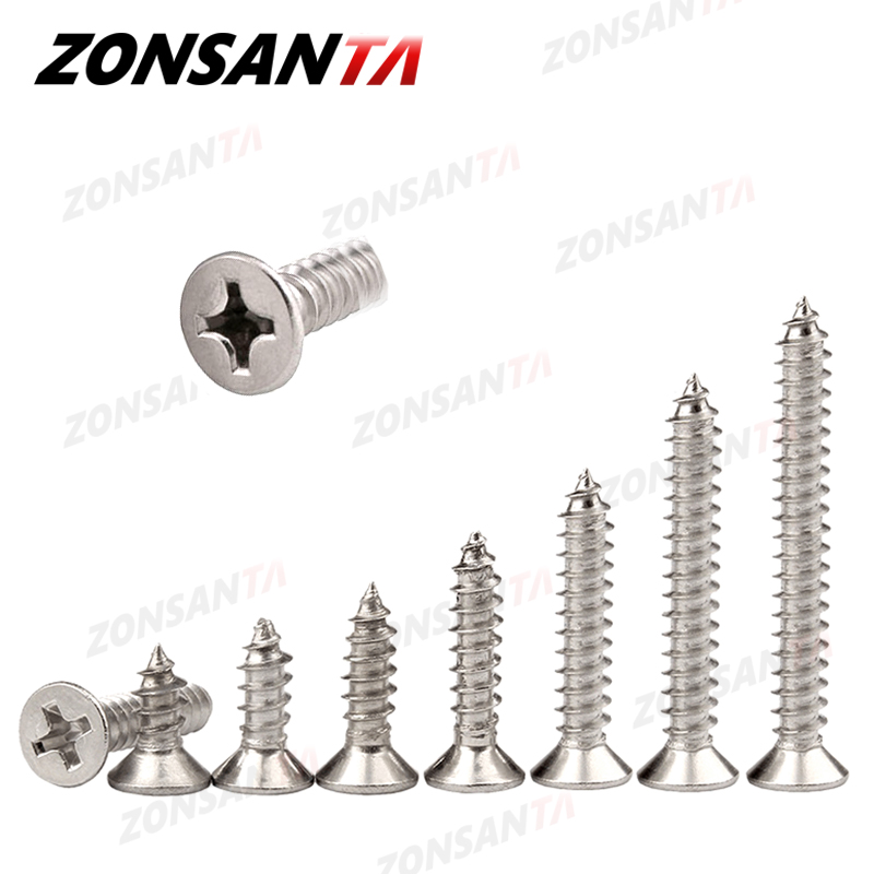 ZONSANTA M1.4 M1.7 M2 M2.3 M2.6 M3 M4 M5 M6 304 Нержавеющая сталь Винты с потайной головкой и крестообразной головкой Винт по дереву