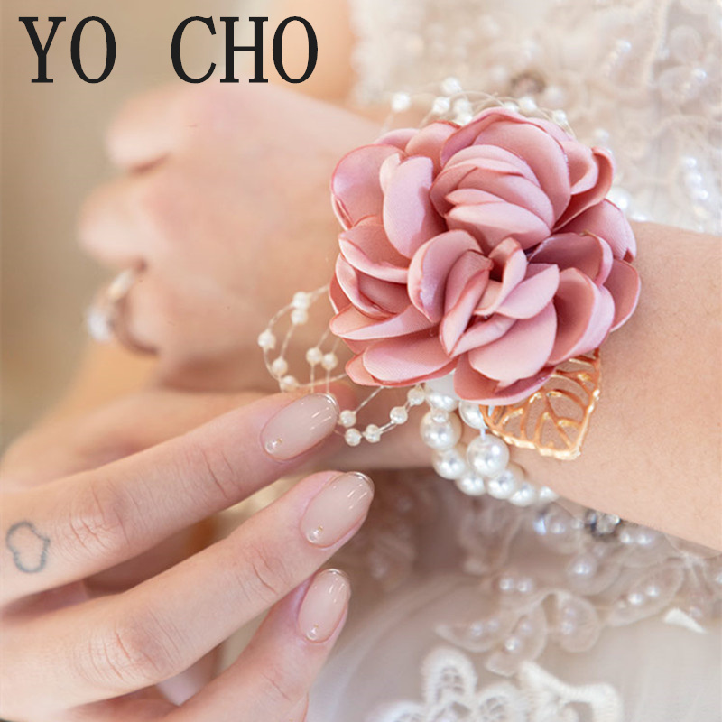 YO CHO สายรัดข้อมือสร้อยข้อมือสำหรับเจ้าสาว Burgundy ผ้าไหม Bridesmaid มือดอกไม้ผู้ชาย Boutonniere