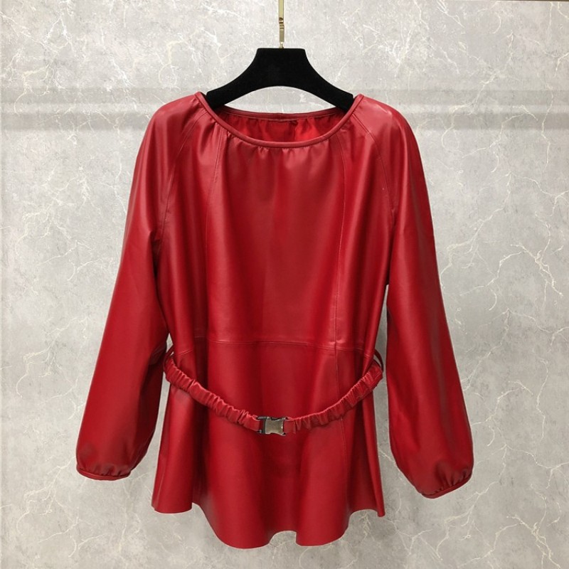 Mới Thời Trang Nữ Da Cừu Áo Thun Cổ Áo Dáng Rộng Thun Thắt Lưng Da Thật Chính Hãng Da Áo Khoác Nữ Tay Phồng Da Đầu