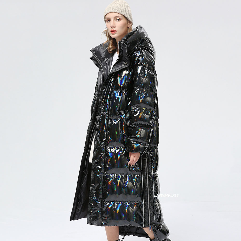 -30 度防水厚い冬スーパーロングダウンコート女性フグジャケット光沢のあるレーザー 90% ホワイトダックダウンジャケットフード付きパーカー