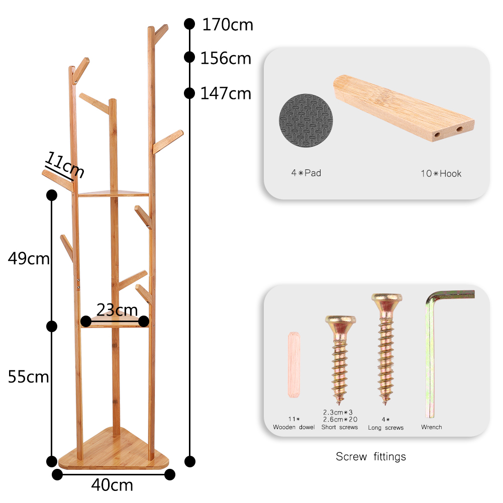 Appendiabiti in bambù Appendiabiti in tessuto per albero 9 ganci Mensola a 3 strati Supporto per corridoio Soggiorno per cappelli, vestiti, sciarpe, borse, ombrellone