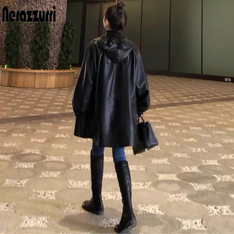 Nerazzurri ฤดูใบไม้ร่วงขนาดใหญ่สีดำหนัง2021สายรัดกระโปรงยาวแขนยาวหลวมนุ่ม Faux หนังแจ็คเก็ตผู้หญิง