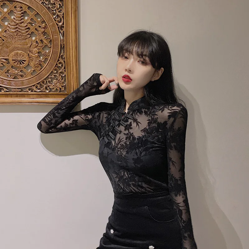 女の子透明レースブラウスシャツ Tシャツ女性中国風のタートルネックヴィンテージフルスリーブ黒ブラウストップス女性のための