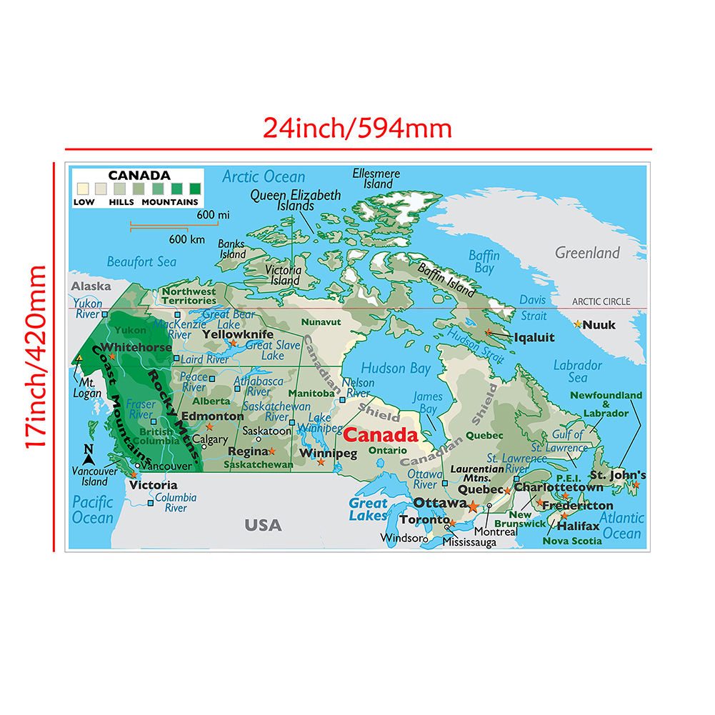 59*42cm 캐나다 지형지도 소형 월 아트 포스터, 캔버스 회화, 여행, 학교 용품, 거실, 홈 인테리어