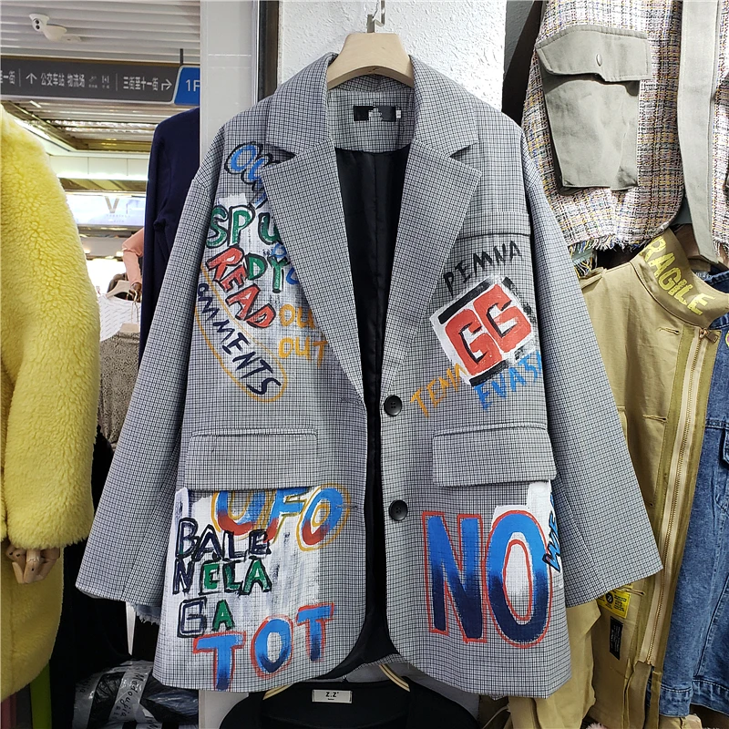 Chaqueta holgada de manga larga para mujer, traje de estilo británico con grafiti de nicho de diseño, a cuadros, informal, para otoño, H479