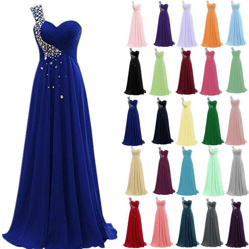 A-Linie, Chiffon, Perlenstickerei, Falten, eine Schulter, bodenlang, elegante Brautjungfernkleider, Hochzeit, Party, formeller Abschlussball, Abend, Korsettrücken