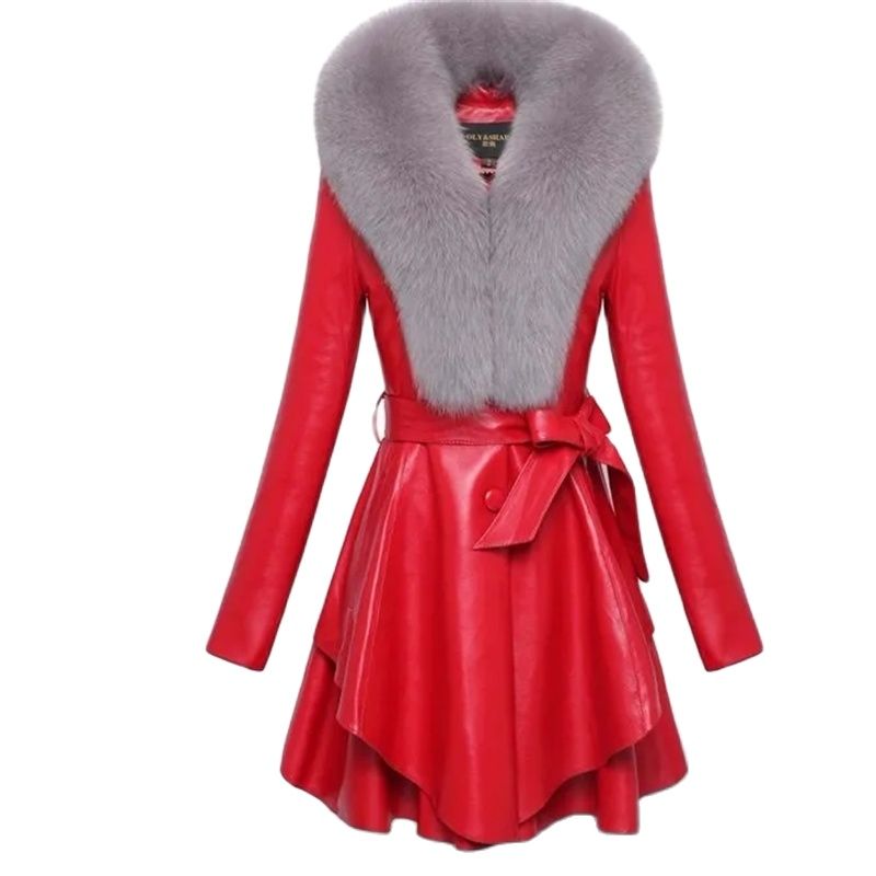 Chaqueta larga de cuero sintético para mujer, abrigo extraíble con cuello de piel sintética, rompevientos de cuero sintético Delgado, color negro