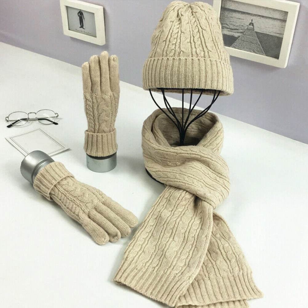 Mode Damen Neue Herbst Winter Warm Einfarbig Schal Hut Handschuh Sets Frauen Dicken Stricken Weiche Gestrickte Woll Set