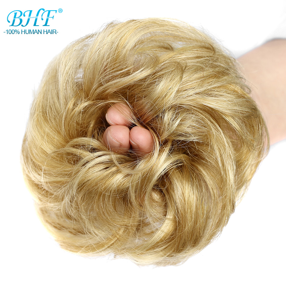 BHF Echthaarknoten, lockiger Chignon, Pferdeschwanz, Haarteil, Hochsteckfrisur, Donut, flexibel, elastisch, echte Perücke, unordentliche gewellte Brötchen