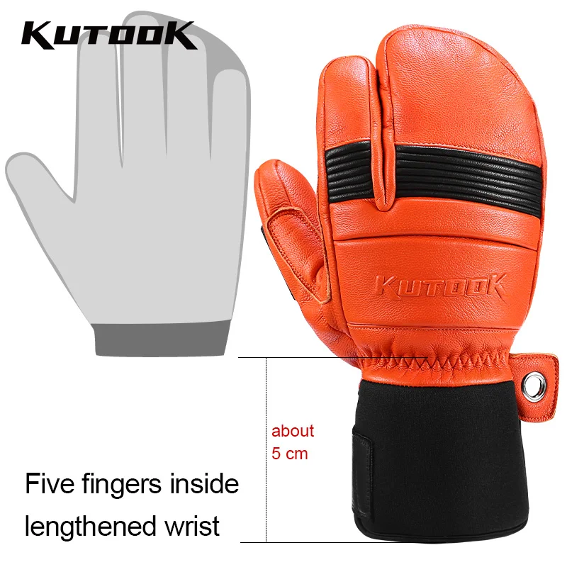 KUTOOK 冬スキー手袋防水ヤギ皮レザースノーボードスノーモービル手袋暖かい雪スキーミトン防風調節可能な