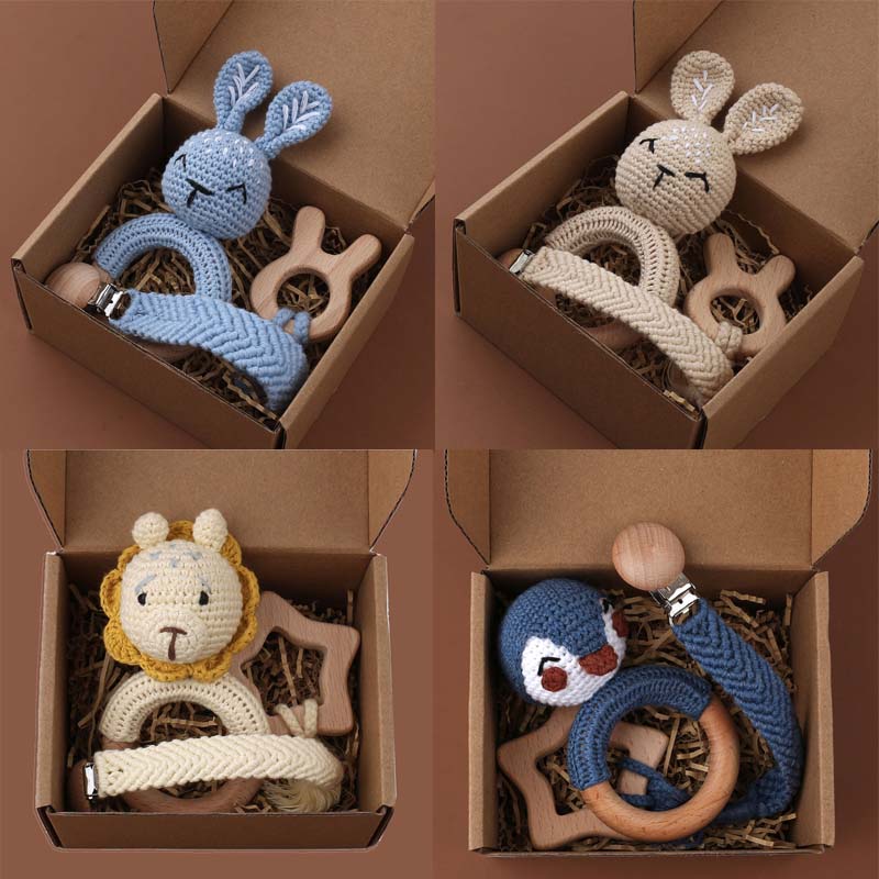 3ピース/セット幼児シャワーおしゃぶりチェーンクリップブナおしゃぶり木製生えるリング新生児かぎ針動物rabbiteガラガラ