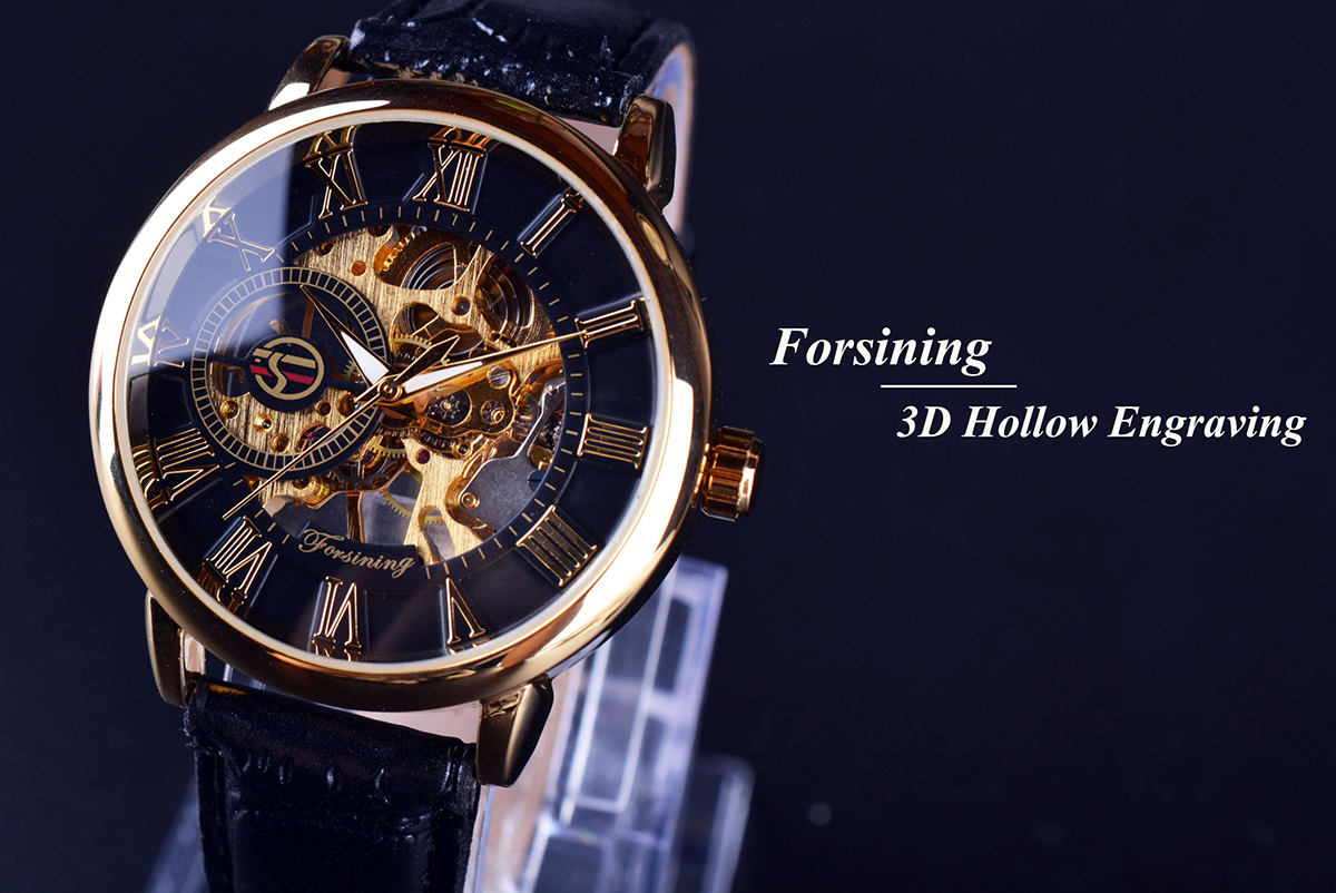 Forsining 3d ออกแบบโลโก้ Hollow แกะสลักสีดํา Golden Case หนังโครงกระดูกนาฬิกาผู้ชายแบรนด์หรู Heren Horloge