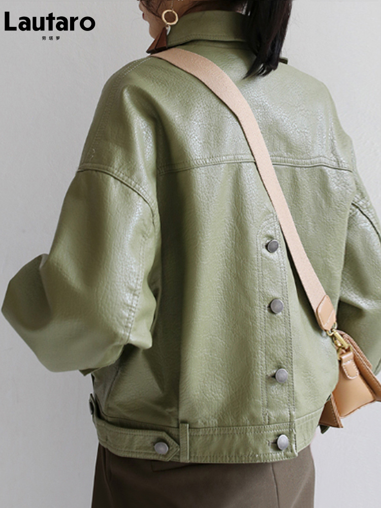 Lautaro Frühling Luxus Lose Grün Schwarz Weiche Faux Leder Jacken für Frauen Stilvolle Mode Hohe Qualität Designer Herbst Kleidung