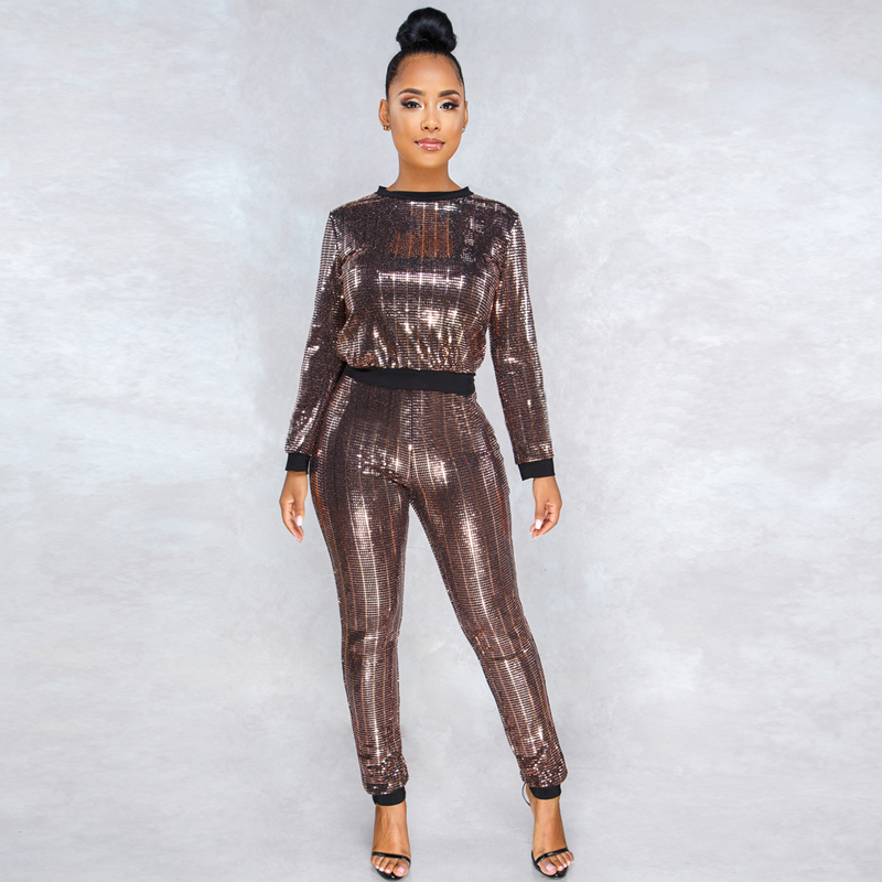 Lange Mouwen TWEEDELIGE SET Sequin Sexy Bijpassende Night Club Party Shining Glitter Trainingspak Outfits Suits Elegant Streetwear 2 pcs