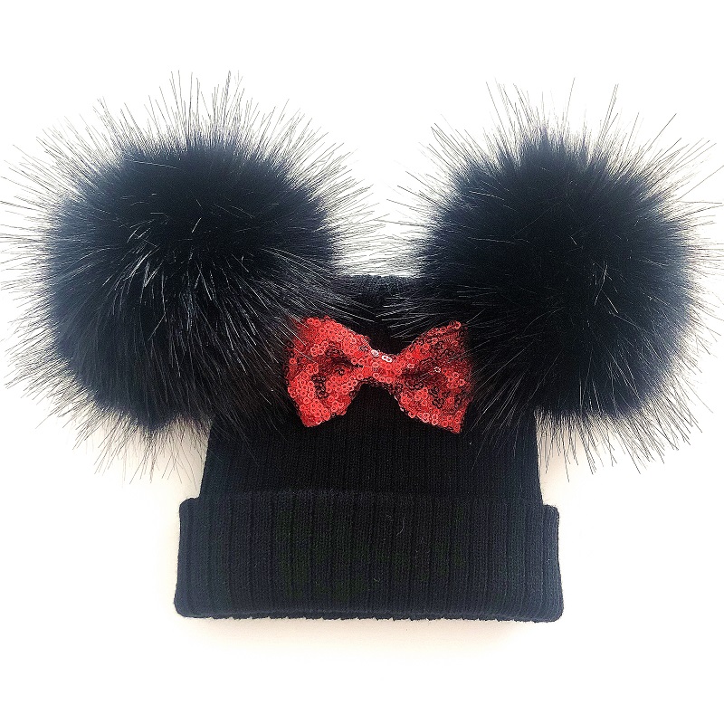 Trẻ Em Long Lanh Nơ Đôi Pompom Mũ Cho Bé Gái Mùa Đông Bộ Đội Khăn Trẻ Em Phụ Kiện Bonnet