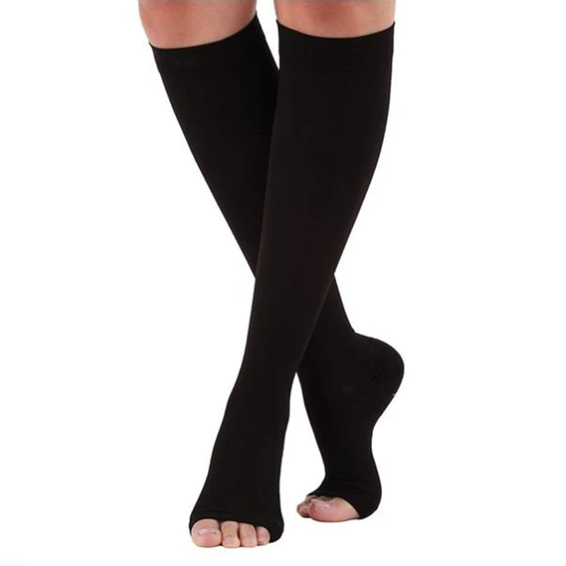 Calcetines de compresión S-XXL, calcetines de compresión para venas varicosas, calcetines para montar en pantorrillas, calcetines elásticos con punta abierta hasta la rodilla