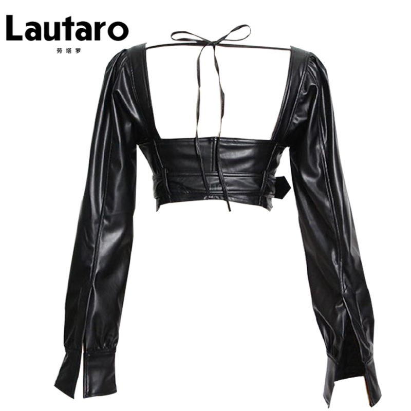 Lautaro-y2kイミテーションレザートップ,ショート,ブラック,スクエアカラー,長袖,ジッパー,セクシー,ホルター,ファッショナブル,5xl,2021