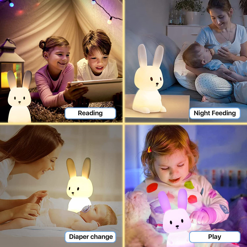 Luz noturna para quarto de crianças, lâmpada de coelho fofa, presentes para berçário, meninos, crianças pequenas, decoração de quarto kawaii, usb, silicone, coelho, luz noturna