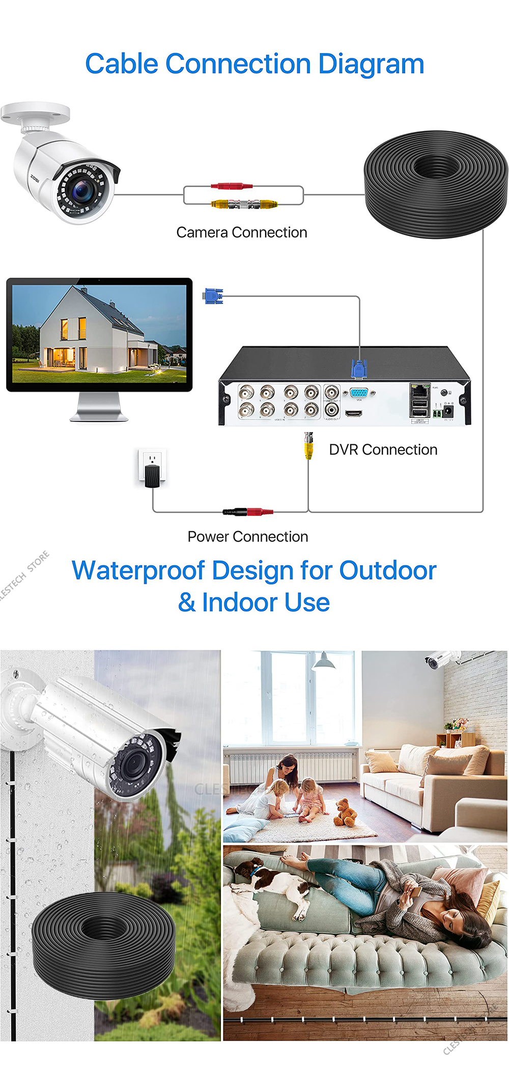 Alta qualidade todo o cobre ahd cctv cabo 5m 10m 15m 20m 30m 50m vídeo + potência hd estender fios extensão com bnc + dc 2in1
