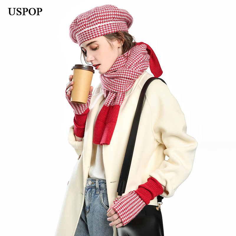 USPOP Neue Winter 3 Stück Sets Frauen Plaid Kaschmir Schal Hut Handschuhe Sets