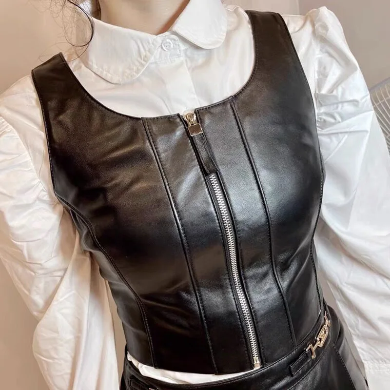 Frauen Weste Winter Echtes Leder Weste Mit Gürtel Weibliche Koreanische Mode Einfache Große Tasche Rundhals Beige/Schwarz gilet