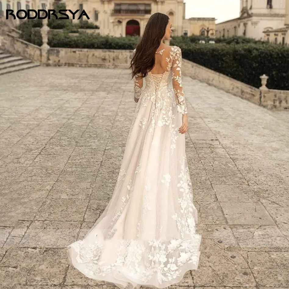 RODDRSYA 우아한 O-넥 웨딩 원피스, 레이스업 A-라인 아플리케, 긴 소매 얇은 명주 그물, 맞춤형 비치 신부 가운RODDRSYA 우아한 라운드 웨딩 스트랩 A자형 패치 아사 긴팔 비치 신부 드레스 vestidos de novia 커스텀