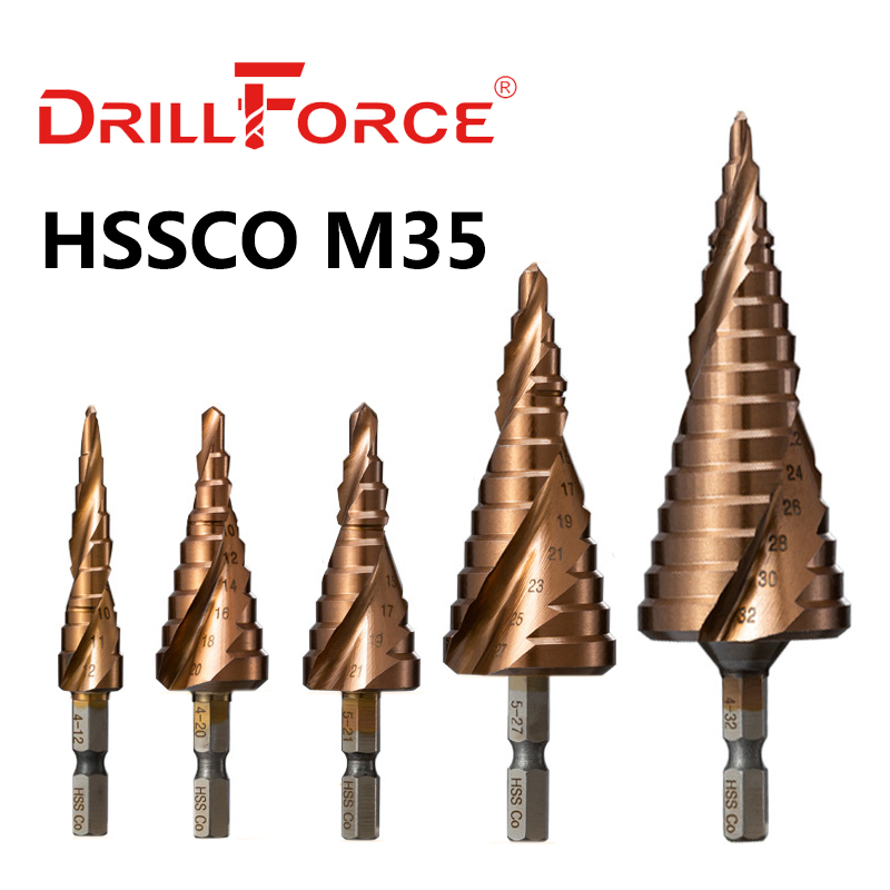 Drillforce M35 5% кобальтовое ступенчатое сверло HSSCO, конусный металлический инструмент, резак для отверстий 3-12/3-14/4-12-20/4-22/4-25/4-32/5-21/5-27/6-24 мм