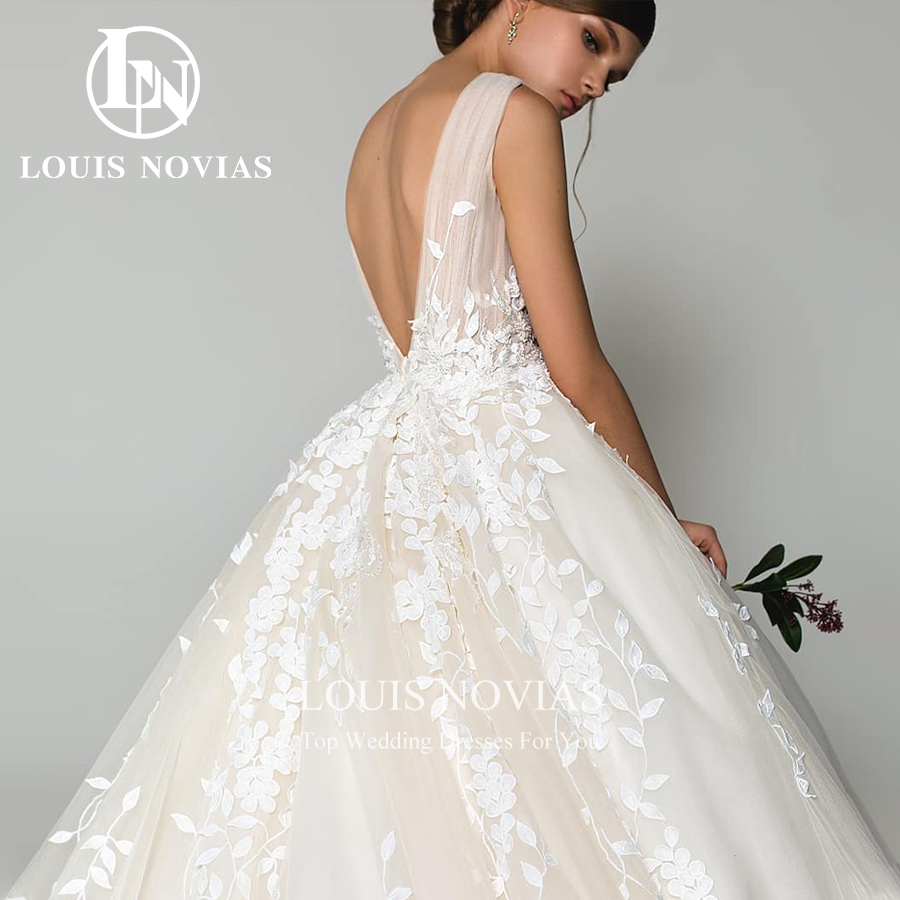 LOUIS NOVIAS Abiti da sposa per le donne Elegante backless in rilievo Fiori ricamo senza maniche Abito da sposa Abiti da sposa