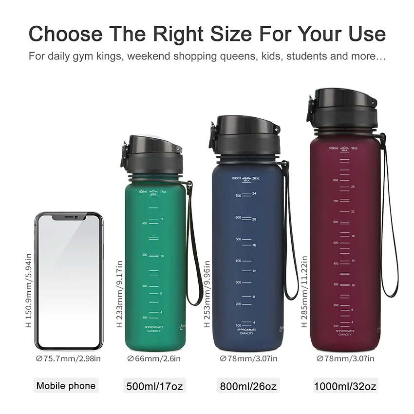 Botella de agua deportiva portátil a prueba de fugas, vaso agitador para viajes al aire libre, gimnasio, Fitness, jarras de plástico Tritan sin BPA, 500/800/1000ml