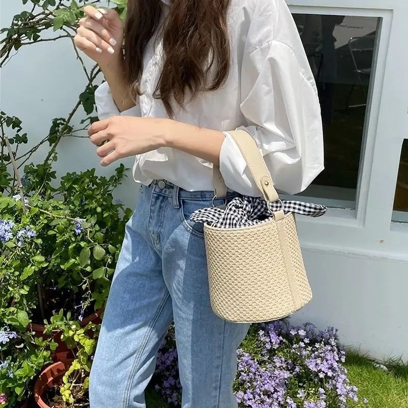 Geweven Tassen Vrouwen Boog Plaid String Cross-body Single-schouder Zomer Retro Stijlvolle Top-handvat Stro Emmer tas Ulzzang Picknick Ins