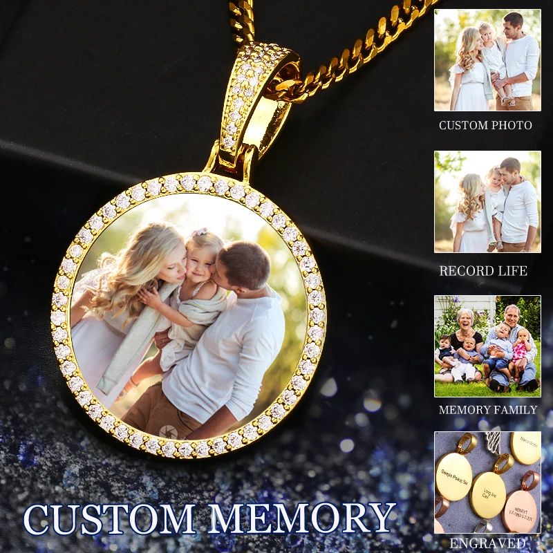รอบ Medallions Custom Photo จี้สร้อยคอ Men Hip Hop เครื่องประดับส่วนบุคคล Custom ชื่อแกะสลักจี้ Zircon โซ่ของขวัญ