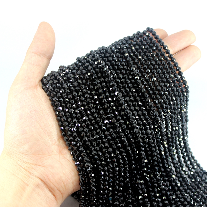 Naturalny fasetowany czarny Spinel 100% błyszczący jasny jakości luźne okrągłe koraliki 2/3/4/6MM 15 cali do tworzenia biżuterii bransoletka naszyjnik