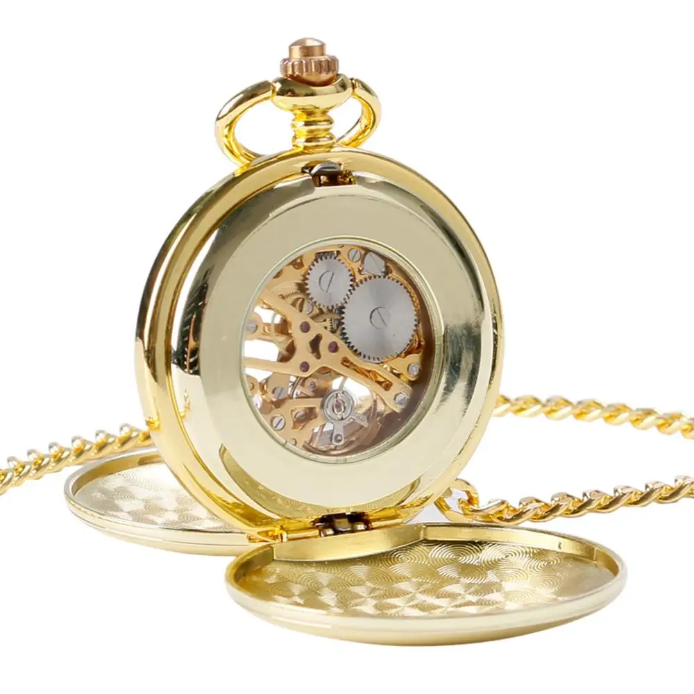 Full Gold สี Skeleton Smooth นาฬิกาพ็อกเก็ตนาฬิกา Hand Wind Mechanical ตัวเลขโรมัน FOB นาฬิกาผู้ชายคู่นาฬิกาเปิดสําหรับผู้ชายผู้หญิง