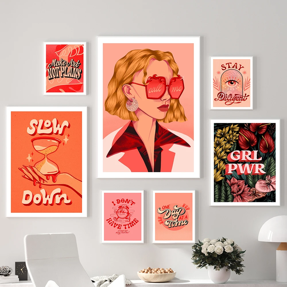 Vintage Kartun Kanvas Cetakan Feminis Seni Cetak Tetap Rajin Waktu Kutipan Poster Gadis Kekuatan Gambar untuk Ruang Tamu Dekorasi Rumah