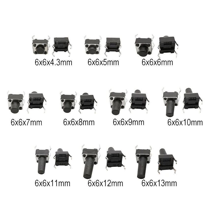 50 Uds 6x6mm táctil Mini interruptor de botón PCB Panel momentáneo DIP 4 pines interruptor de reinicio automático 6*6*4,3/5/6/7/8/9/10/11/12/13MM