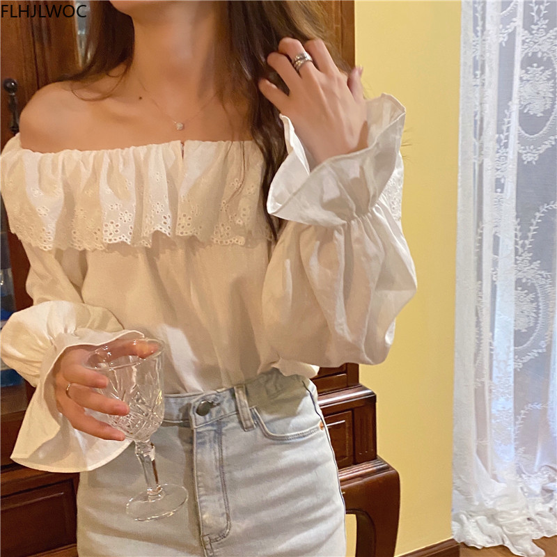 Blusa tomara que caia vazada com babados, camisa branca de cor sólida para mulheres com babados