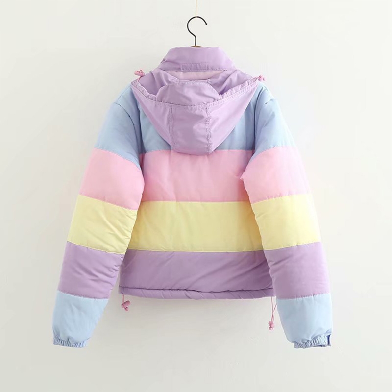 Frauen Winter Padded Puffer Jacke Regenbogen Streifen Mit Kapuze Kordelzug Zipper Mantel